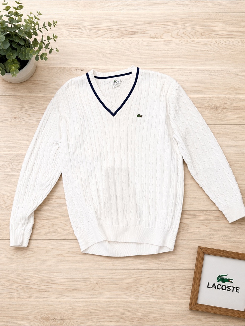 Lacoste White V-Neck Cable Knit Sweater with Navy Trim and Green Crocodile